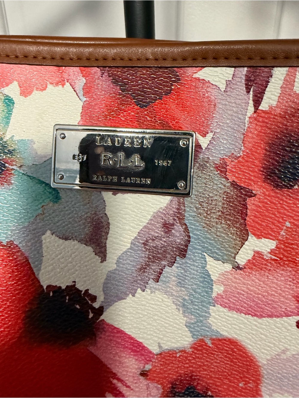 Lauren Ralph Lauren Floral Canvas Tote in Red, Coral & Blue with Brown Trim - Picture 3 of 12